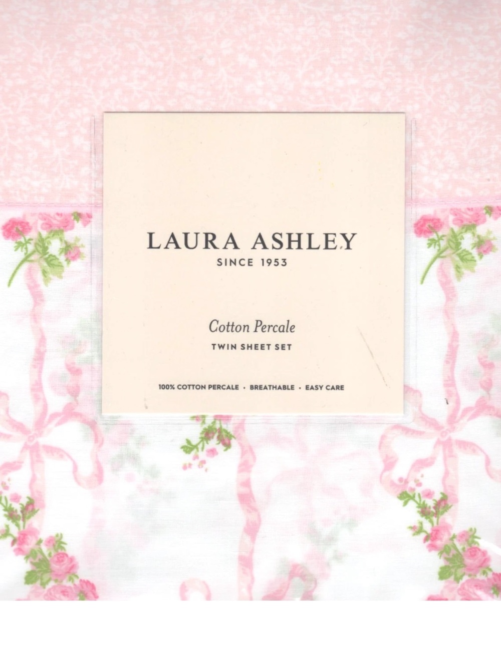Laura Ashley Floral Ribbon Stripe Pink Twin 3 Pc
Cotton Percale Sheet Set NWT